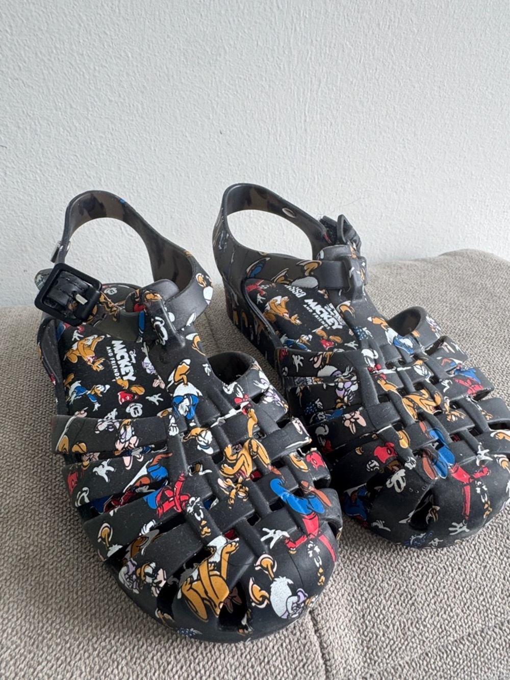 Mini Melissa Black Disney Character Jelly Sandals with Multicolor Prints